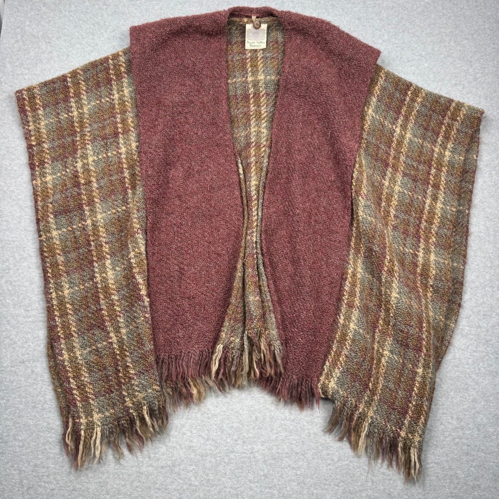 Boyne Valley Weavers Handmade Ireland Mohair Wool Plaid Poncho Scarf Burgundy